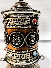 Table Prayer Wheel Big Size With Mantra Inside, [oxidized With Embossed Mantra], And Ashtamangala