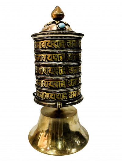 Table Prayer Wheel Big Size With Mantra Inside, [oxidized With Embossed Mantra], And Stone Setting
