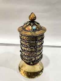 Table Prayer Wheel Big Size With Mantra Inside, [oxidized With Embossed Mantra], And Stone Setting