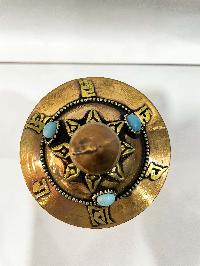 Table Prayer Wheel Big Size With Mantra Inside, [oxidized With Embossed Mantra], And Stone Setting