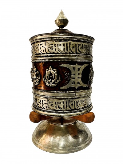 Table Prayer Wheel Big Size With Mantra Inside, [oxidized With Embossed Mantra], And Ashtamangala