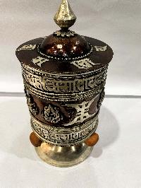 Table Prayer Wheel Big Size With Mantra Inside, [oxidized With Embossed Mantra], And Ashtamangala
