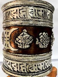 Table Prayer Wheel Big Size With Mantra Inside, [oxidized With Embossed Mantra], And Ashtamangala