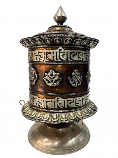 Table Prayer Wheel Big Size With Mantra Inside, [oxidized With Embossed Mantra], And Ashtamangala