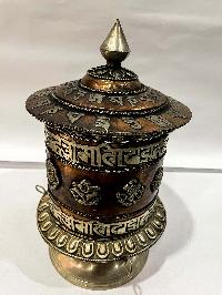 Table Prayer Wheel Big Size With Mantra Inside, [oxidized With Embossed Mantra], And Ashtamangala