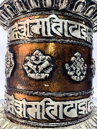 Table Prayer Wheel Big Size With Mantra Inside, [oxidized With Embossed Mantra], And Ashtamangala