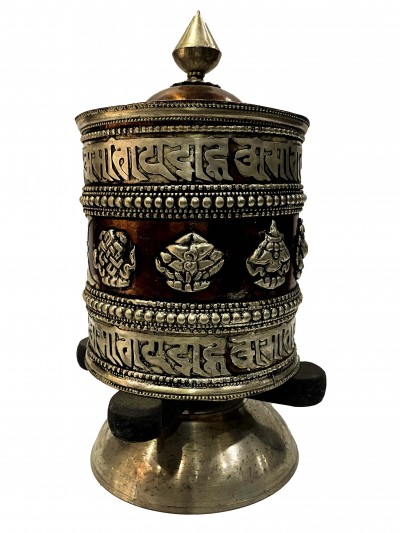 Table Prayer Wheel Big Size With Mantra Inside, [oxidized With Embossed Mantra], And Ashtamangala