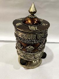 Table Prayer Wheel Big Size With Mantra Inside, [oxidized With Embossed Mantra], And Ashtamangala