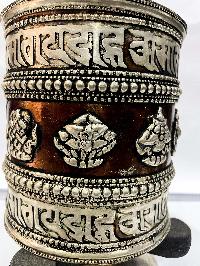 Table Prayer Wheel Big Size With Mantra Inside, [oxidized With Embossed Mantra], And Ashtamangala