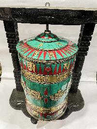 Wall Prayer Wheel Big Size With Ashtamangala, [oxidized With Stone Setting, Wall Mountable