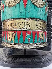 Wall Prayer Wheel Big Size With Ashtamangala, [oxidized With Stone Setting, Wall Mountable