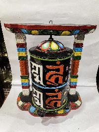 Wall Prayer Wheel Big Size With Mantra Inside, [traditional Color With Carved Mantra], Wall Mountable