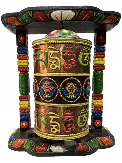 Wall Prayer Wheel Big Size With Mantra Inside, [traditional Color, Ashtamangala With Carved Mantra], Wall Mountable