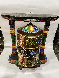 Wall Prayer Wheel Big Size With Mantra Inside, [traditional Color, Ashtamangala With Carved Mantra], Wall Mountable