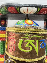 Wall Prayer Wheel Big Size With Mantra Inside, [traditional Color, Ashtamangala With Carved Mantra], Wall Mountable