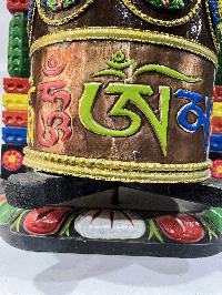 Wall Prayer Wheel Big Size With Mantra Inside, [traditional Color, Ashtamangala With Carved Mantra], Wall Mountable