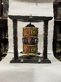 Wall Prayer Wheel Big Size With Mantra Inside, [traditional Color, Ashtamangala With Carved Mantra], Wall Mountable