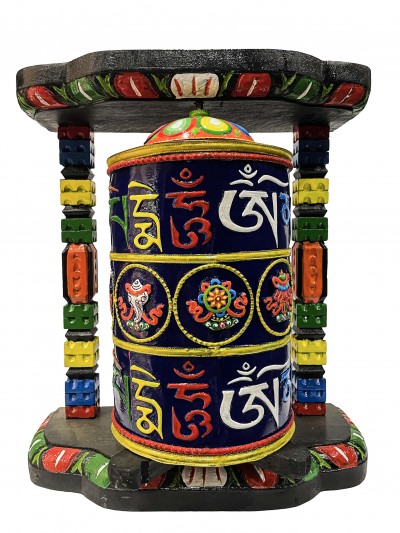 Wall Prayer Wheel Big Size With Mantra Inside, [traditional Color, Ashtamangala With Carved Mantra], Wall Mountable