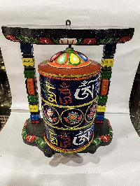 Wall Prayer Wheel Big Size With Mantra Inside, [traditional Color, Ashtamangala With Carved Mantra], Wall Mountable