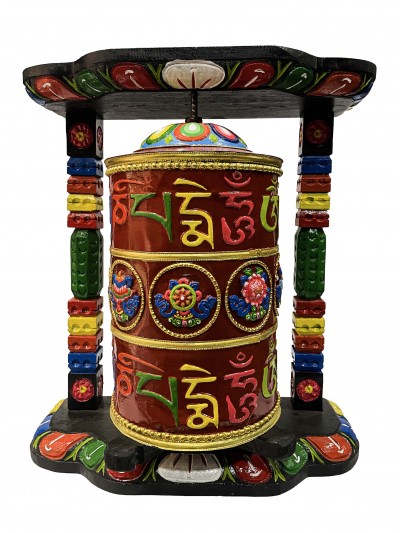 Wall Prayer Wheel Big Size With Mantra Inside, [traditional Color, Ashtamangala With Carved Mantra], Wall Mountable