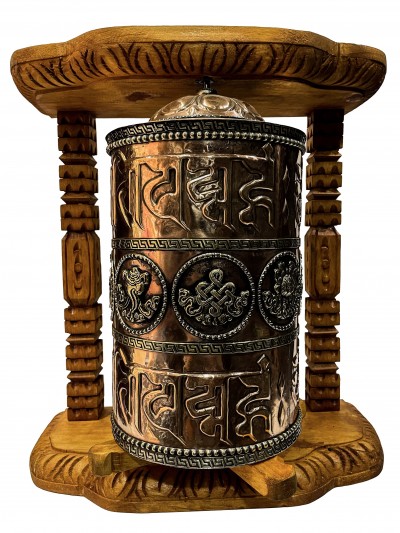 Wall Prayer Wheel Big Size With Mantra Inside, [ashtamangala With Carved Mantra], Wall Mountable
