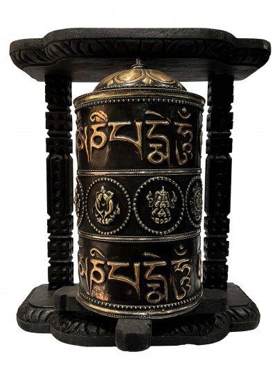 Wall Prayer Wheel Big Size With Mantra Inside, [oxidized With Carved Mantra, Ashtamangala], Wall Mountable