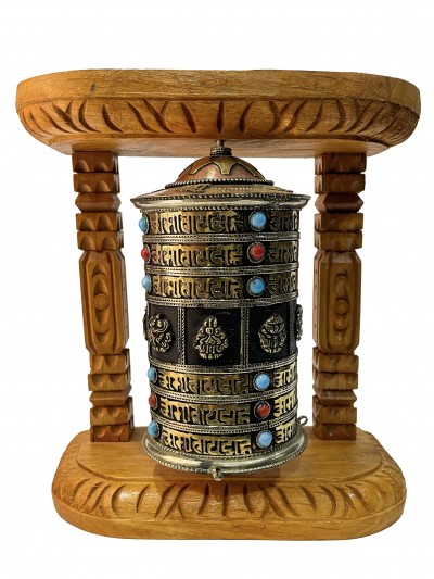 Wall Prayer Wheel With Mantra Inside, [oxidized With Carved Mantra, Ashtamangala, Stone Setting], Wall Mountable