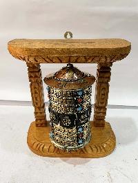 Wall Prayer Wheel With Mantra Inside, [oxidized With Carved Mantra, Ashtamangala, Stone Setting], Wall Mountable