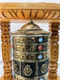 Wall Prayer Wheel With Mantra Inside, [oxidized With Carved Mantra, Ashtamangala, Stone Setting], Wall Mountable