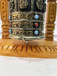 Wall Prayer Wheel With Mantra Inside, [oxidized With Carved Mantra, Ashtamangala, Stone Setting], Wall Mountable
