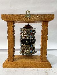 Wall Prayer Wheel With Mantra Inside, [oxidized With Carved Mantra, Ashtamangala, Stone Setting], Wall Mountable