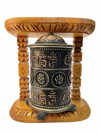 Wall Prayer Wheel With Mantra Inside, [oxidized With Carved Mantra, Ashtamangala], Wall Mountable