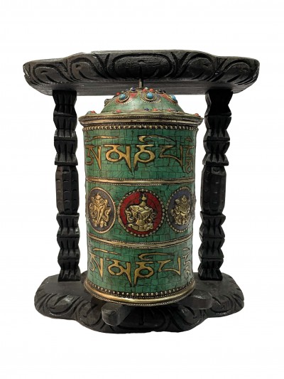 Wall Prayer Wheel With Mantra Inside, [with Carved Mantra, Ashtamangala, Stone Setting]