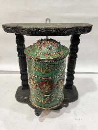 Wall Prayer Wheel With Mantra Inside, [with Carved Mantra, Ashtamangala, Stone Setting]