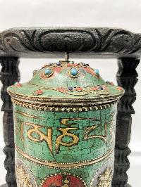 Wall Prayer Wheel With Mantra Inside, [with Carved Mantra, Ashtamangala, Stone Setting]