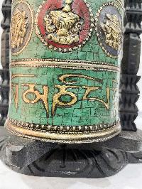 Wall Prayer Wheel With Mantra Inside, [with Carved Mantra, Ashtamangala, Stone Setting]