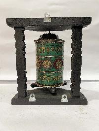 Wall Prayer Wheel With Mantra Inside, [with Carved Mantra, Ashtamangala, Stone Setting]