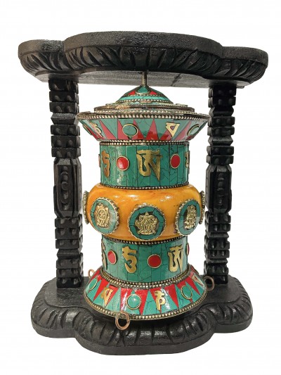 Wall Prayer Wheel With Mantra Inside, [with Carved Mantra, Ashtamangala, Stone Setting]