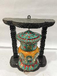 Wall Prayer Wheel With Mantra Inside, [with Carved Mantra, Ashtamangala, Stone Setting]