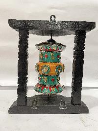 Wall Prayer Wheel With Mantra Inside, [with Carved Mantra, Ashtamangala, Stone Setting]