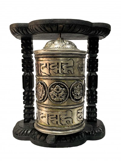 Wall Prayer Wheel With Mantra Inside, [with Carved Mantra, Ashtamangala]