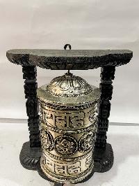 Wall Prayer Wheel With Mantra Inside, [with Carved Mantra, Ashtamangala]
