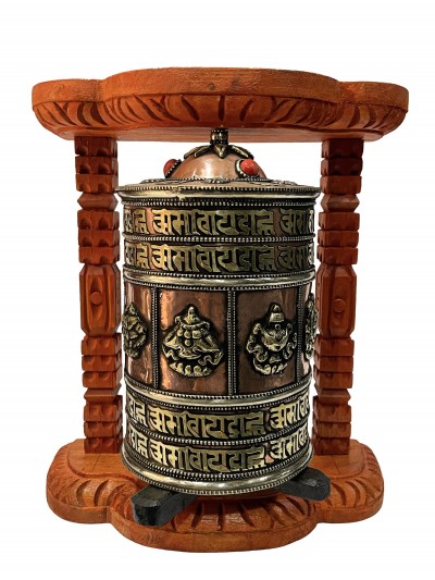 Wall Prayer Wheel With Mantra Inside, [with Carved Mantra, Ashtamangala, Stone Setting]