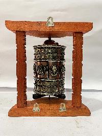 Wall Prayer Wheel With Mantra Inside, [with Carved Mantra, Ashtamangala, Stone Setting]