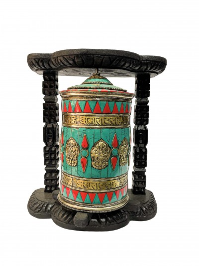 Wall Prayer Wheel With Mantra Inside, [with Carved Mantra, Ashtamangala, Stone Setting]