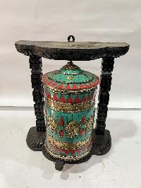 Wall Prayer Wheel With Mantra Inside, [with Carved Mantra, Ashtamangala, Stone Setting]