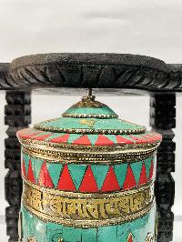 Wall Prayer Wheel With Mantra Inside, [with Carved Mantra, Ashtamangala, Stone Setting]