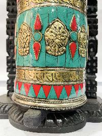 Wall Prayer Wheel With Mantra Inside, [with Carved Mantra, Ashtamangala, Stone Setting]