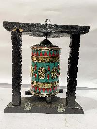 Wall Prayer Wheel With Mantra Inside, [with Carved Mantra, Ashtamangala, Stone Setting]