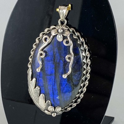 Designer Silver Labradorite Flower And Leaf Big Pendants